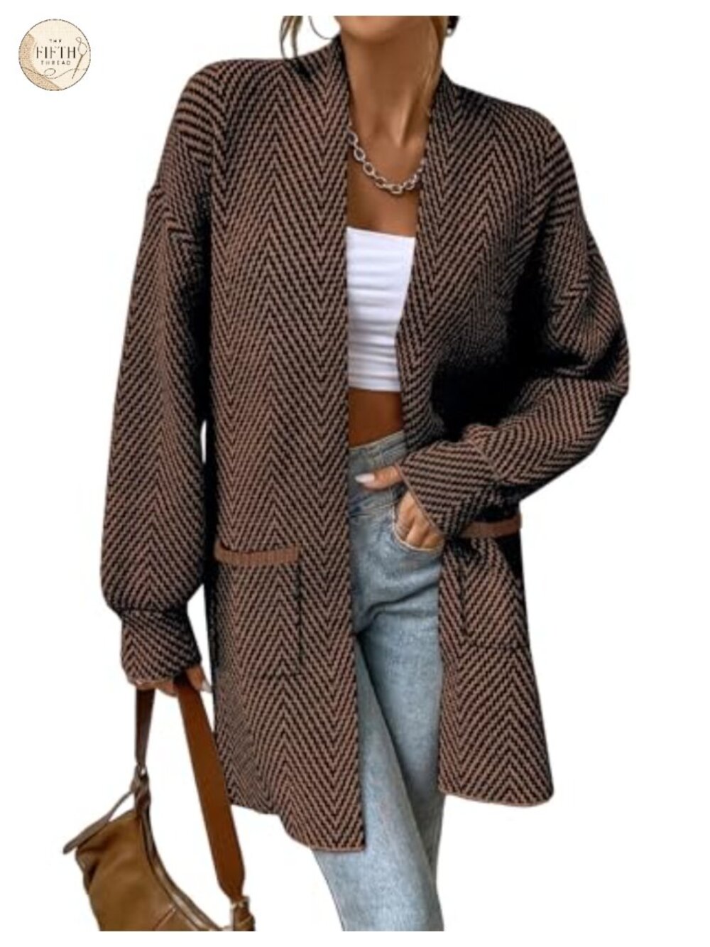 Open Front Chevron Cardigan Sweater 100% Acrylic Two Pockets Long Sleeve